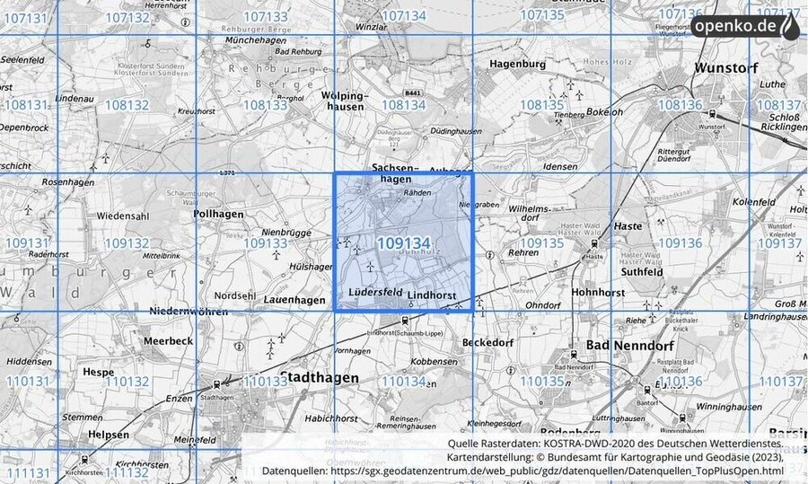 Übersichtskarte des KOSTRA-DWD-2020-Rasterfeldes Nr. 109134