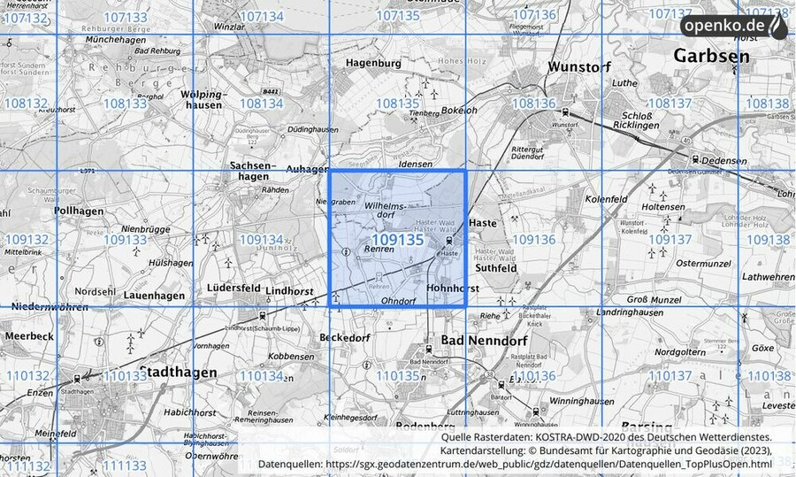 Übersichtskarte des KOSTRA-DWD-2020-Rasterfeldes Nr. 109135