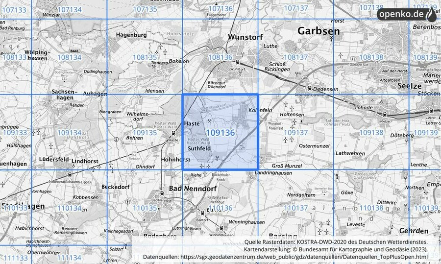 Übersichtskarte des KOSTRA-DWD-2020-Rasterfeldes Nr. 109136