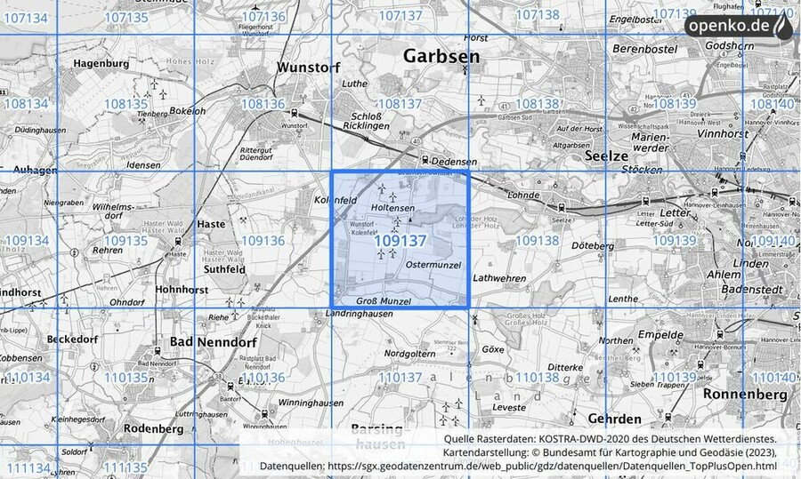 Übersichtskarte des KOSTRA-DWD-2020-Rasterfeldes Nr. 109137