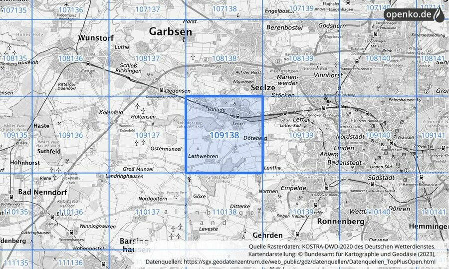 Übersichtskarte des KOSTRA-DWD-2020-Rasterfeldes Nr. 109138