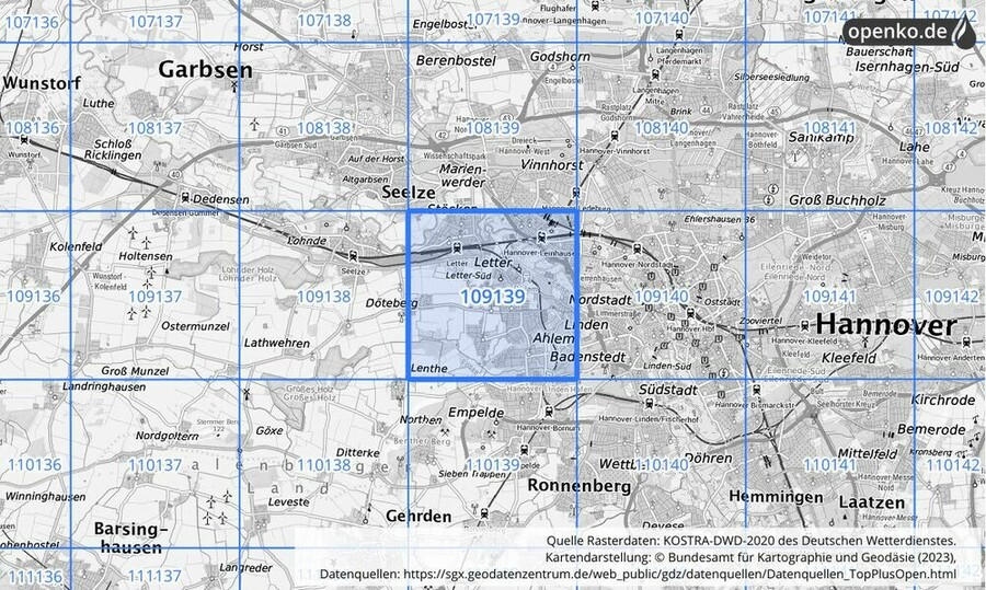 Übersichtskarte des KOSTRA-DWD-2020-Rasterfeldes Nr. 109139