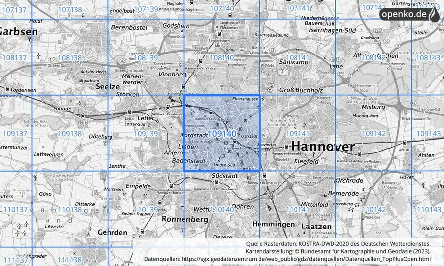 Übersichtskarte des KOSTRA-DWD-2020-Rasterfeldes Nr. 109140