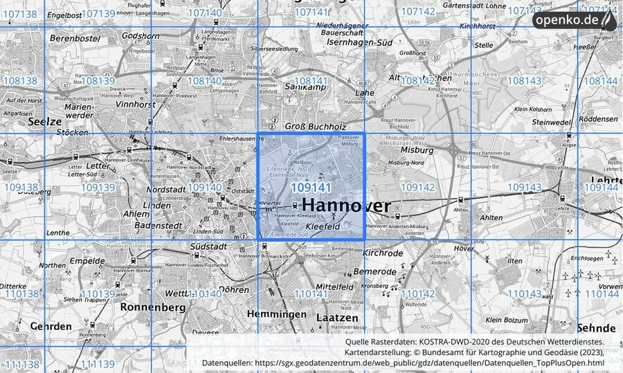 Übersichtskarte des KOSTRA-DWD-2020-Rasterfeldes Nr. 109141