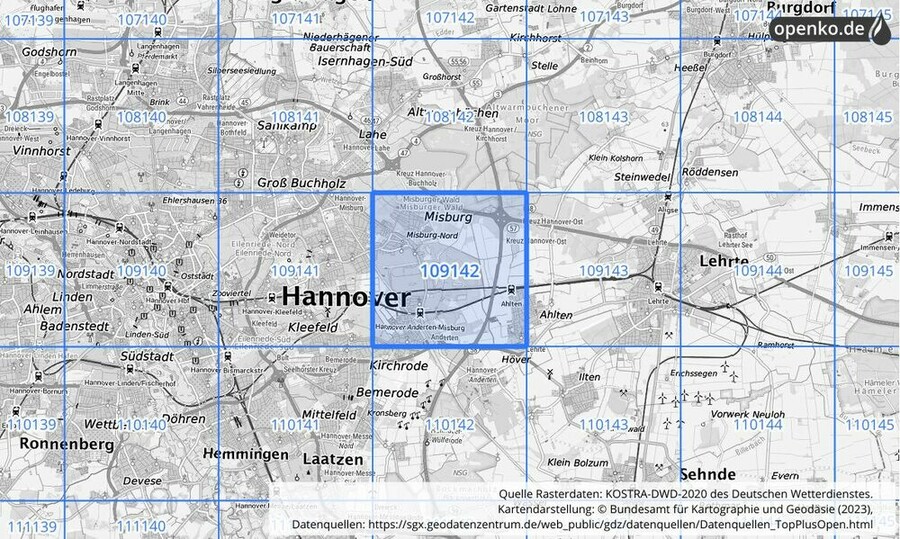 Übersichtskarte des KOSTRA-DWD-2020-Rasterfeldes Nr. 109142