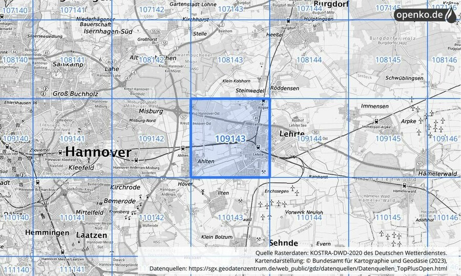 Übersichtskarte des KOSTRA-DWD-2020-Rasterfeldes Nr. 109143