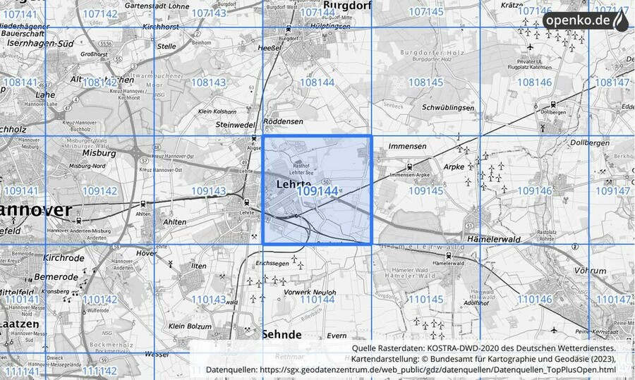 Übersichtskarte des KOSTRA-DWD-2020-Rasterfeldes Nr. 109144