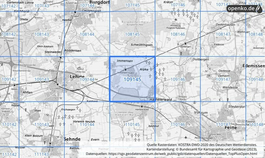 Übersichtskarte des KOSTRA-DWD-2020-Rasterfeldes Nr. 109145