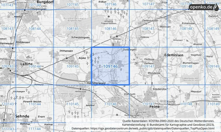 Übersichtskarte des KOSTRA-DWD-2020-Rasterfeldes Nr. 109146