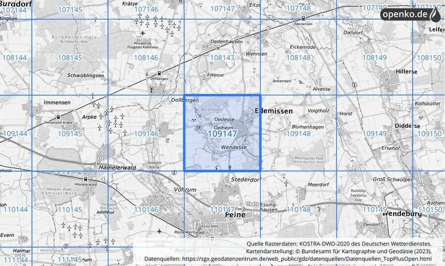 Übersichtskarte des KOSTRA-DWD-2020-Rasterfeldes Nr. 109147