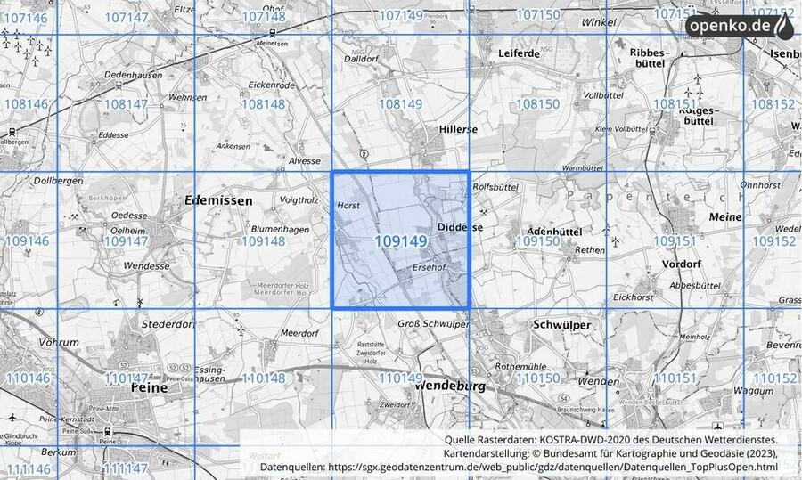 Übersichtskarte des KOSTRA-DWD-2020-Rasterfeldes Nr. 109149