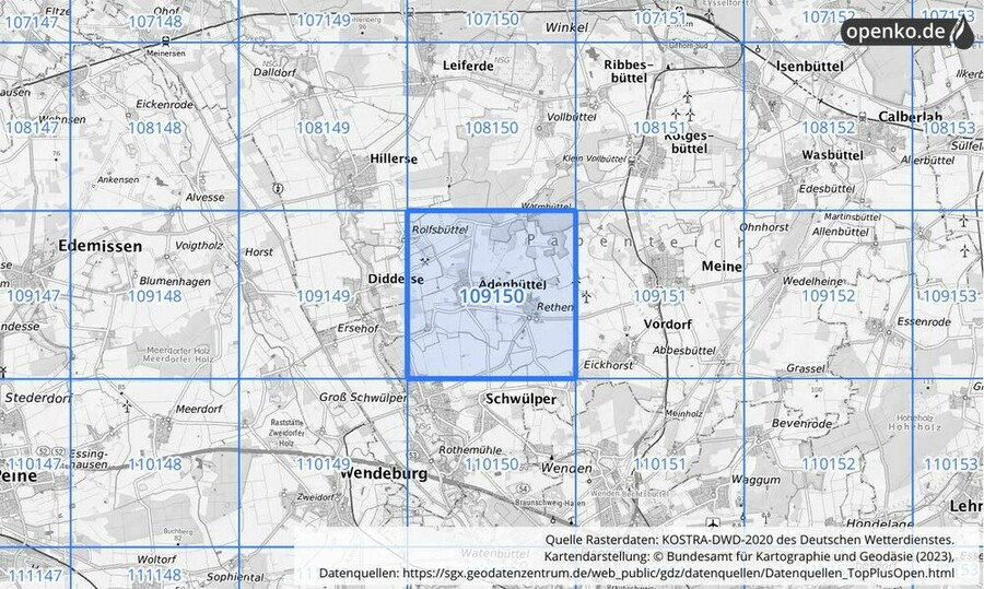 Übersichtskarte des KOSTRA-DWD-2020-Rasterfeldes Nr. 109150