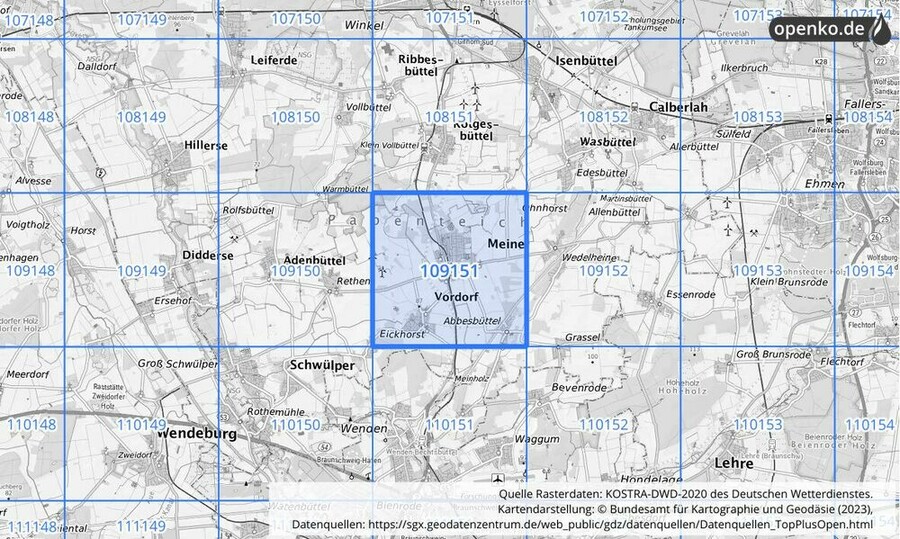 Übersichtskarte des KOSTRA-DWD-2020-Rasterfeldes Nr. 109151