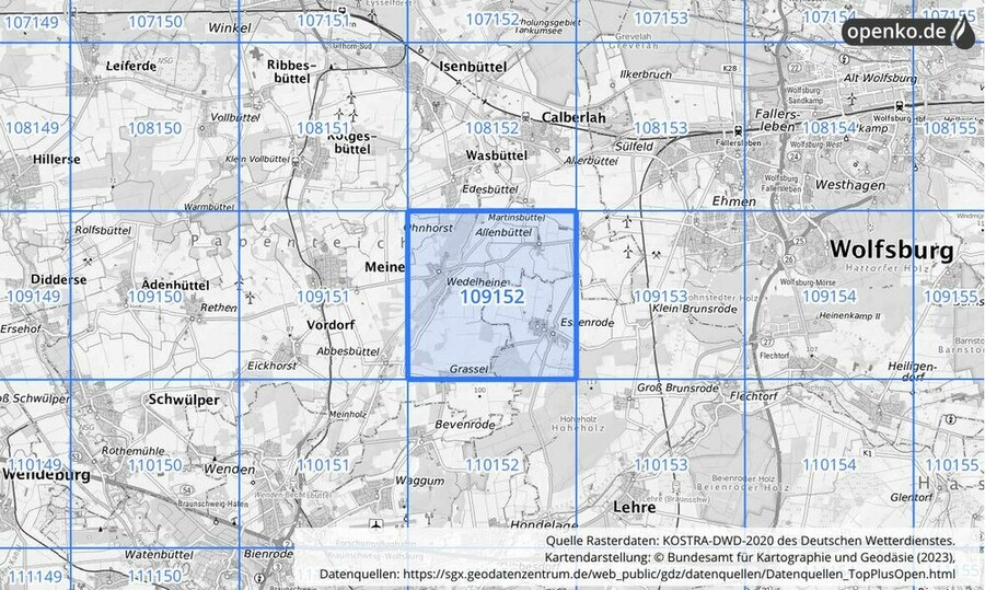 Übersichtskarte des KOSTRA-DWD-2020-Rasterfeldes Nr. 109152