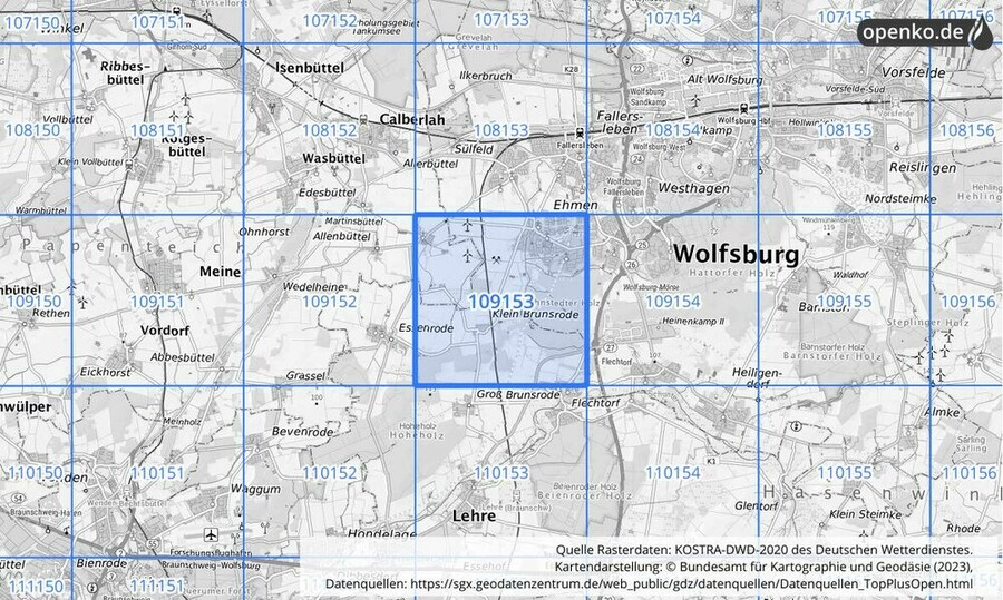 Übersichtskarte des KOSTRA-DWD-2020-Rasterfeldes Nr. 109153