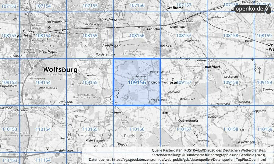 Übersichtskarte des KOSTRA-DWD-2020-Rasterfeldes Nr. 109156