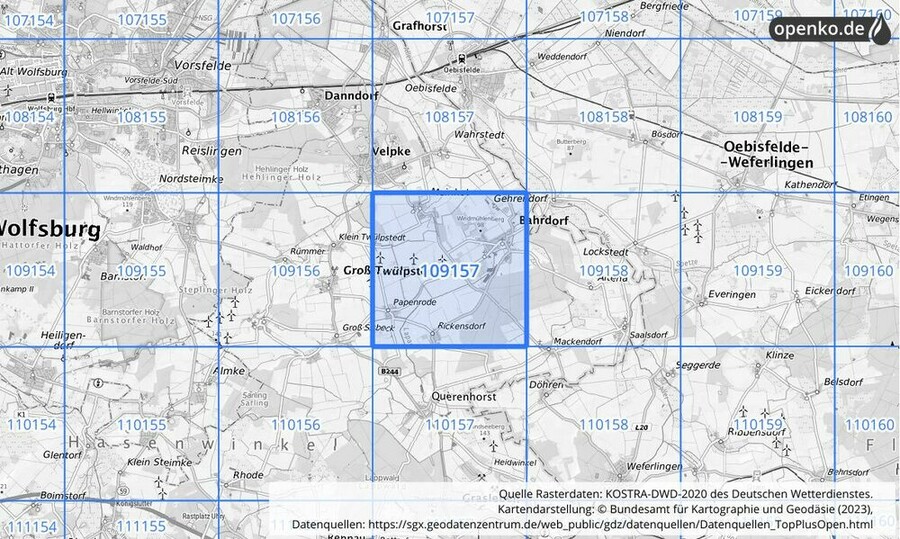 Übersichtskarte des KOSTRA-DWD-2020-Rasterfeldes Nr. 109157