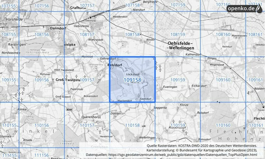 Übersichtskarte des KOSTRA-DWD-2020-Rasterfeldes Nr. 109158