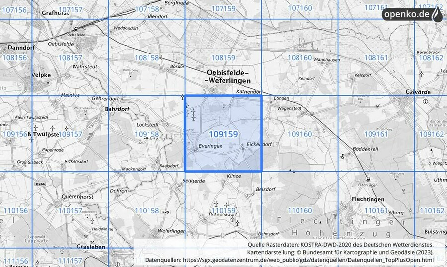 Übersichtskarte des KOSTRA-DWD-2020-Rasterfeldes Nr. 109159