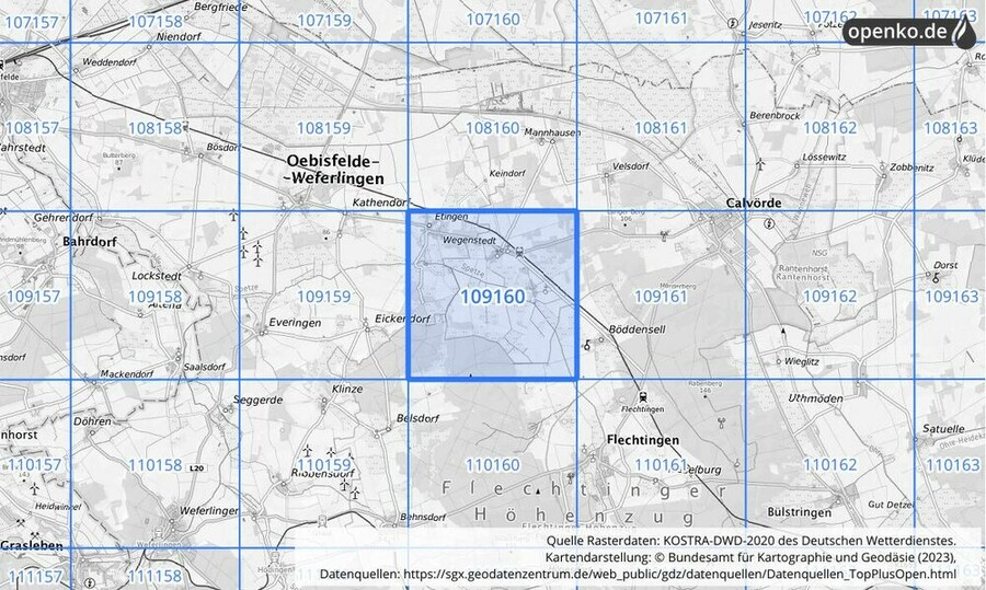 Übersichtskarte des KOSTRA-DWD-2020-Rasterfeldes Nr. 109160