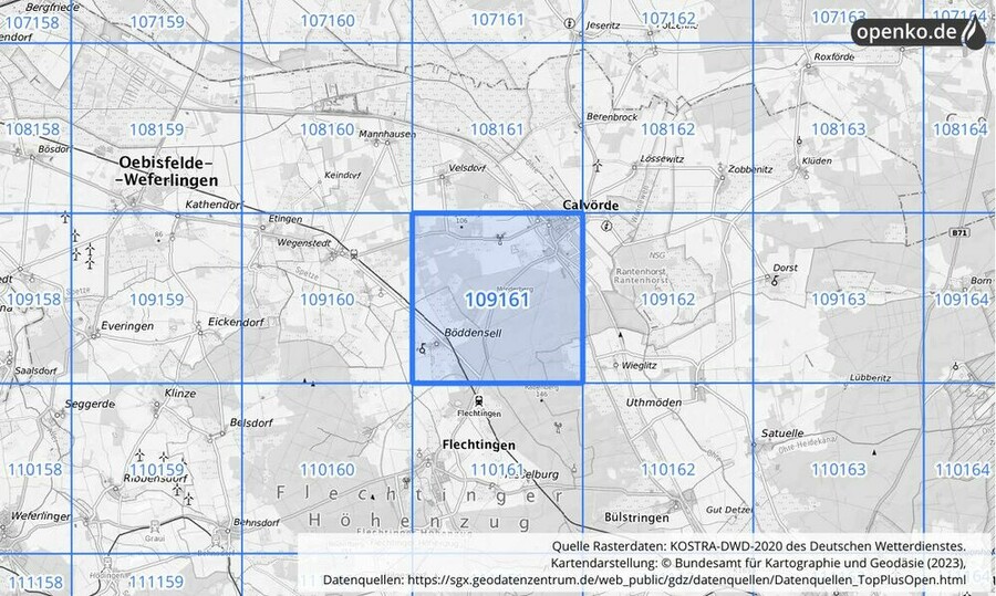 Übersichtskarte des KOSTRA-DWD-2020-Rasterfeldes Nr. 109161