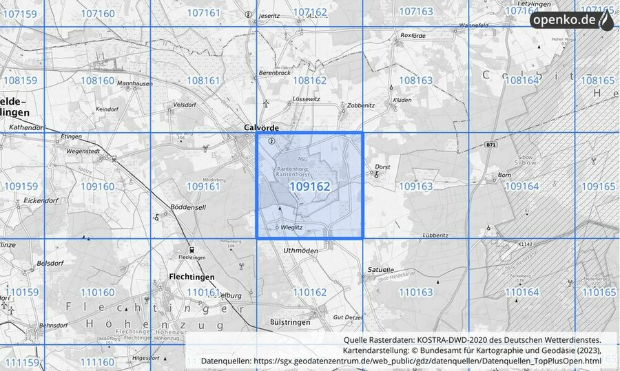 Übersichtskarte des KOSTRA-DWD-2020-Rasterfeldes Nr. 109162