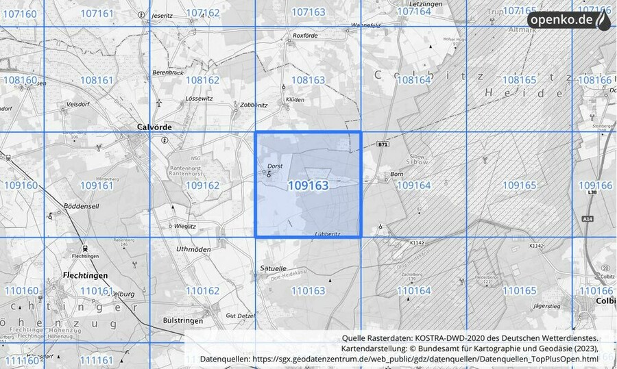 Übersichtskarte des KOSTRA-DWD-2020-Rasterfeldes Nr. 109163