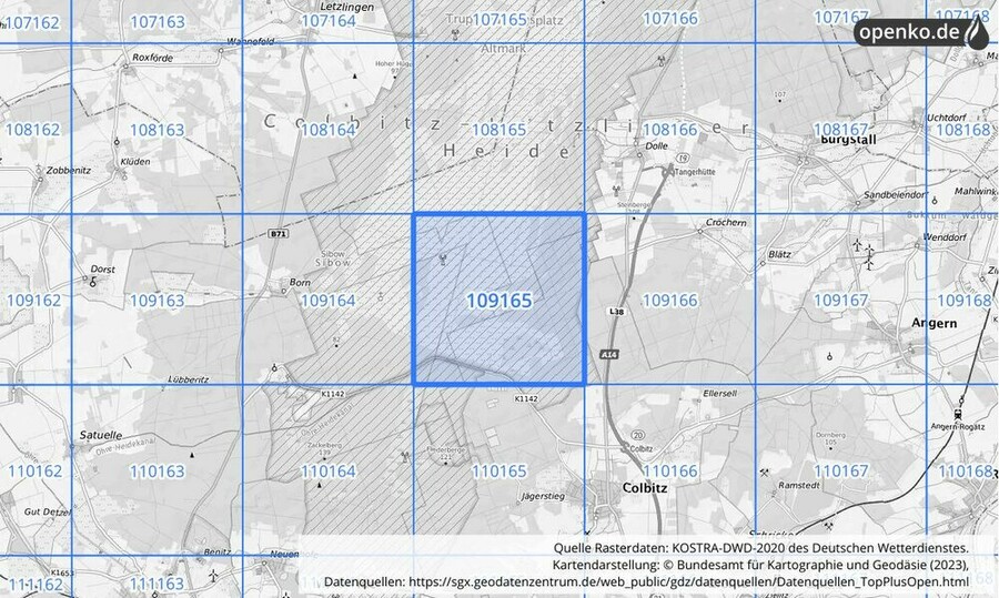 Übersichtskarte des KOSTRA-DWD-2020-Rasterfeldes Nr. 109165