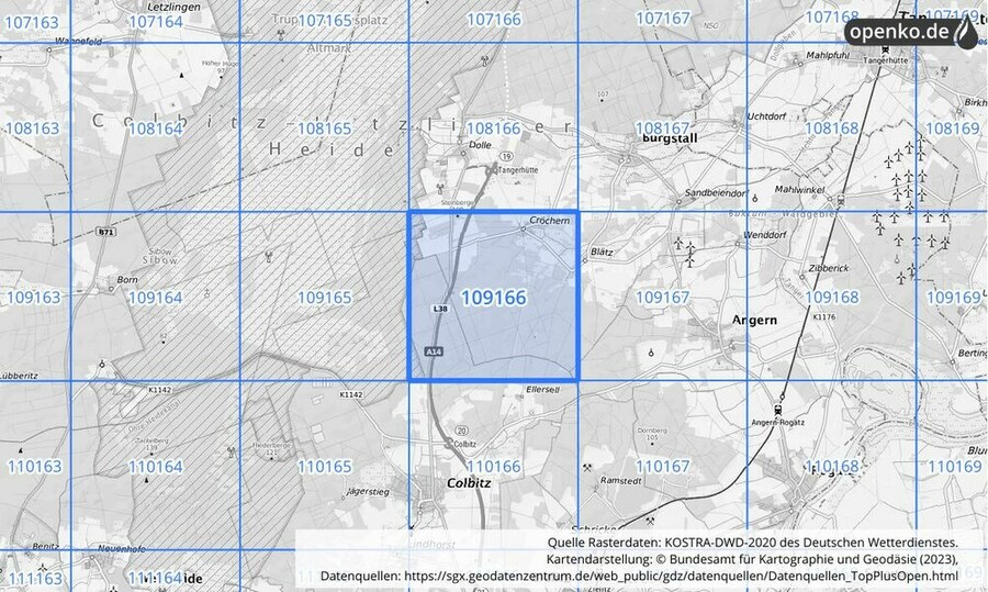 Übersichtskarte des KOSTRA-DWD-2020-Rasterfeldes Nr. 109166