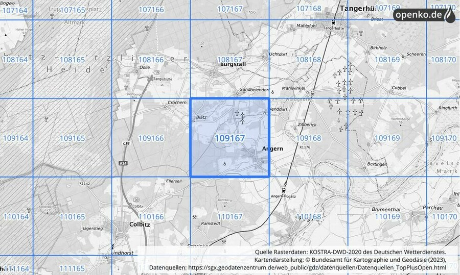 Übersichtskarte des KOSTRA-DWD-2020-Rasterfeldes Nr. 109167