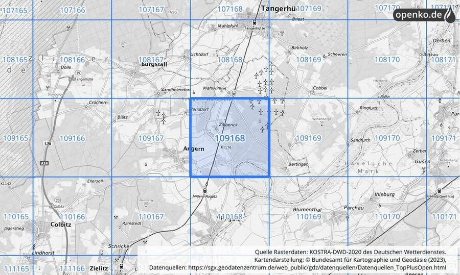 Übersichtskarte des KOSTRA-DWD-2020-Rasterfeldes Nr. 109168