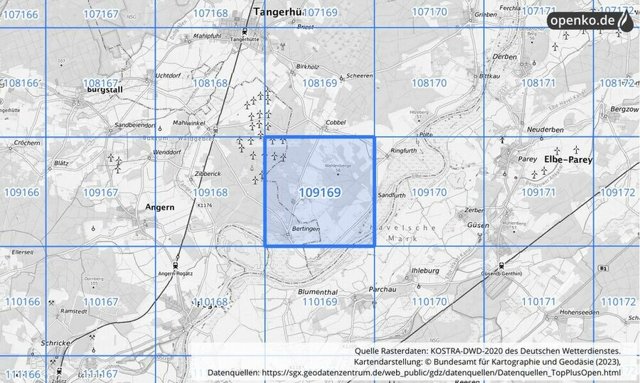 Übersichtskarte des KOSTRA-DWD-2020-Rasterfeldes Nr. 109169