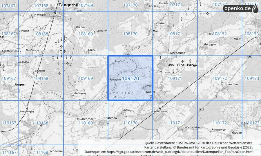 Übersichtskarte des KOSTRA-DWD-2020-Rasterfeldes Nr. 109170