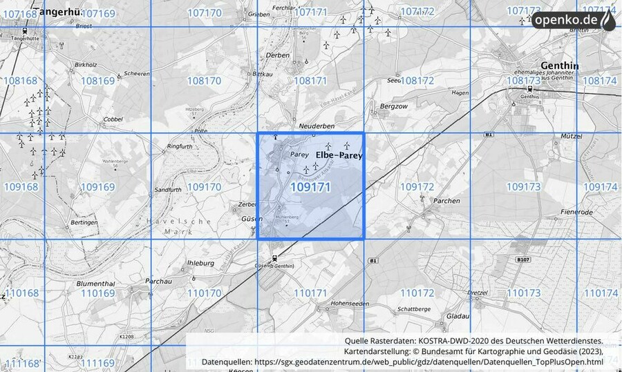 Übersichtskarte des KOSTRA-DWD-2020-Rasterfeldes Nr. 109171