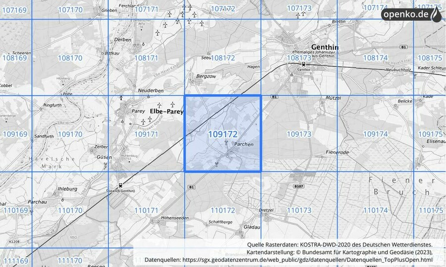 Übersichtskarte des KOSTRA-DWD-2020-Rasterfeldes Nr. 109172