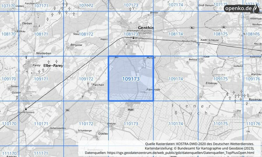 Übersichtskarte des KOSTRA-DWD-2020-Rasterfeldes Nr. 109173