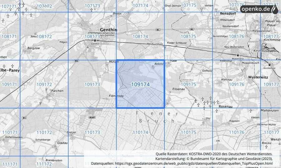 Übersichtskarte des KOSTRA-DWD-2020-Rasterfeldes Nr. 109174