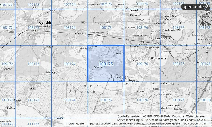 Übersichtskarte des KOSTRA-DWD-2020-Rasterfeldes Nr. 109175