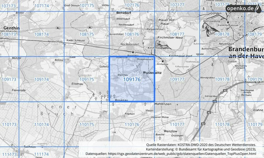 Übersichtskarte des KOSTRA-DWD-2020-Rasterfeldes Nr. 109176