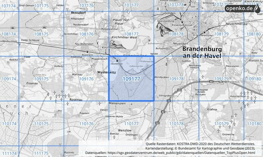 Übersichtskarte des KOSTRA-DWD-2020-Rasterfeldes Nr. 109177