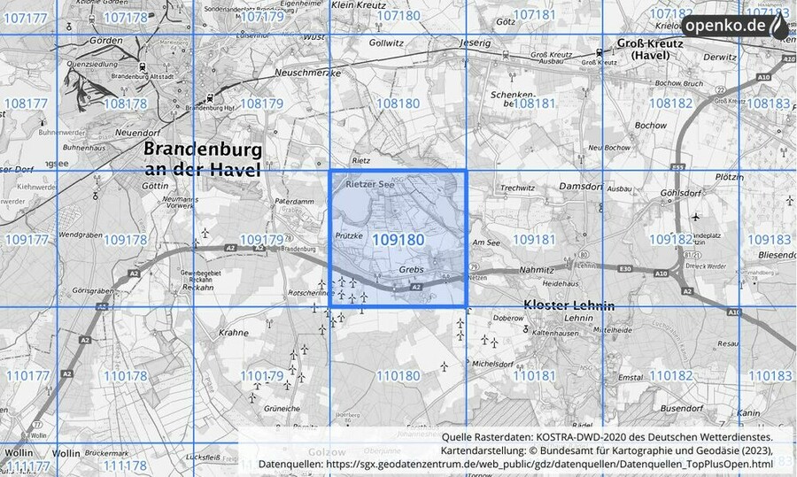 Übersichtskarte des KOSTRA-DWD-2020-Rasterfeldes Nr. 109180