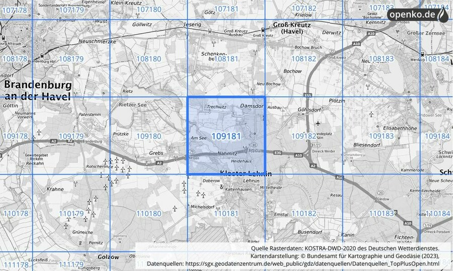 Übersichtskarte des KOSTRA-DWD-2020-Rasterfeldes Nr. 109181