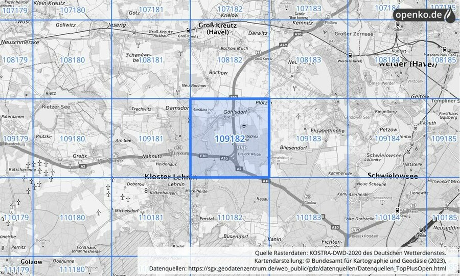 Übersichtskarte des KOSTRA-DWD-2020-Rasterfeldes Nr. 109182