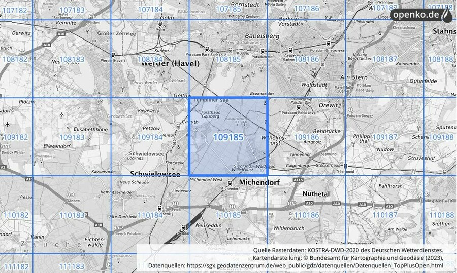 Übersichtskarte des KOSTRA-DWD-2020-Rasterfeldes Nr. 109185