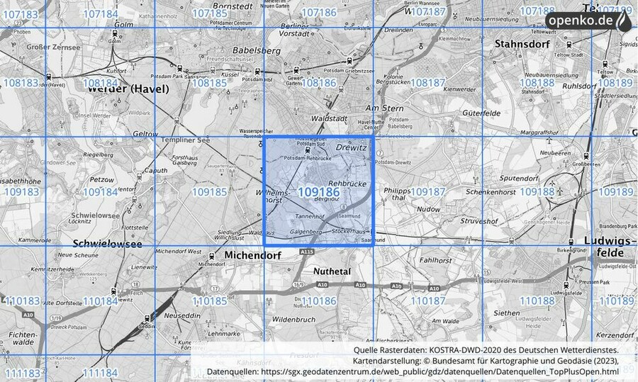 Übersichtskarte des KOSTRA-DWD-2020-Rasterfeldes Nr. 109186