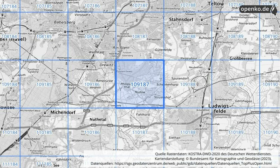 Übersichtskarte des KOSTRA-DWD-2020-Rasterfeldes Nr. 109187