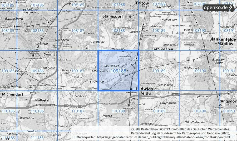 Übersichtskarte des KOSTRA-DWD-2020-Rasterfeldes Nr. 109188