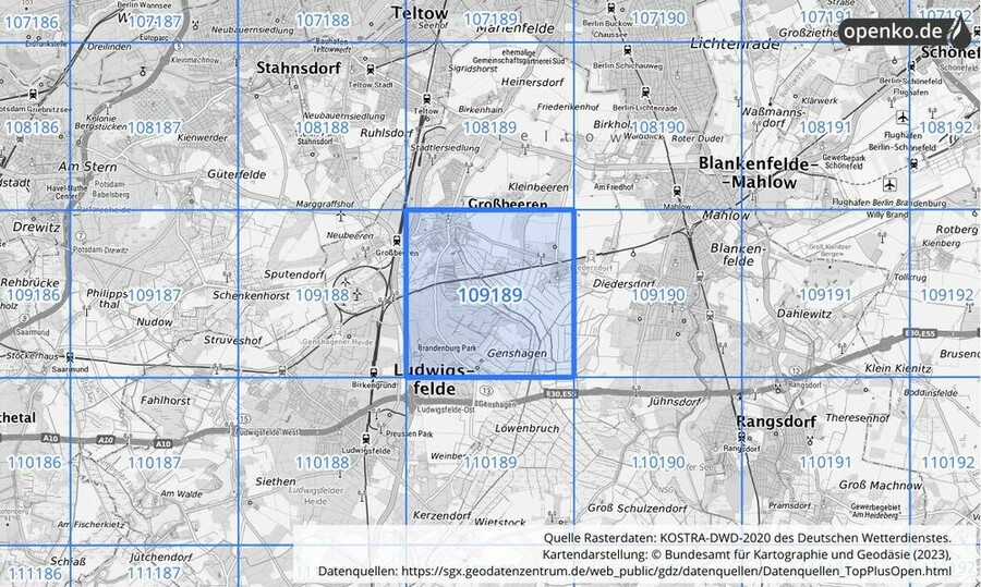 Übersichtskarte des KOSTRA-DWD-2020-Rasterfeldes Nr. 109189