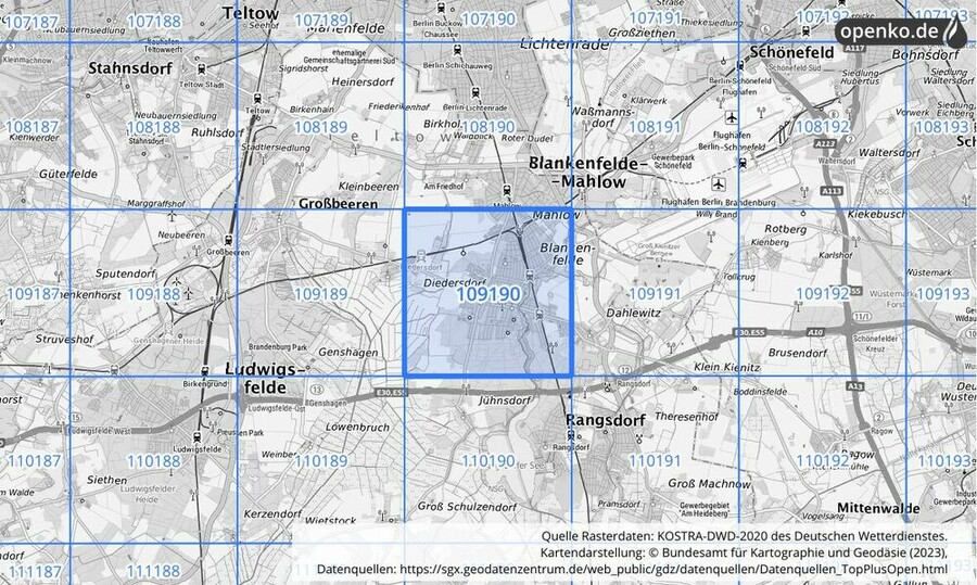 Übersichtskarte des KOSTRA-DWD-2020-Rasterfeldes Nr. 109190