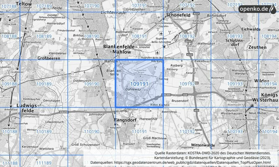 Übersichtskarte des KOSTRA-DWD-2020-Rasterfeldes Nr. 109191